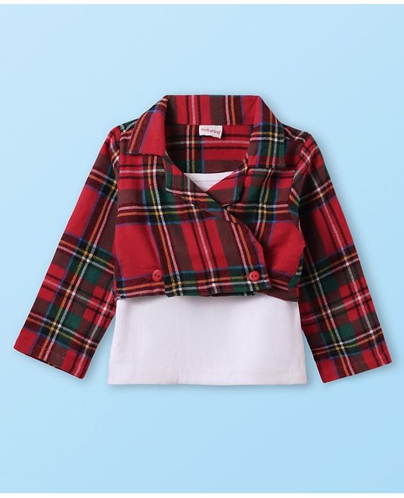 Babyhug Cotton Knit Full Sleeves Checkered Collared Top Skirt & Vest - Red