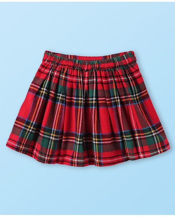 Babyhug Cotton Knit Full Sleeves Checkered Collared Top Skirt & Vest - Red