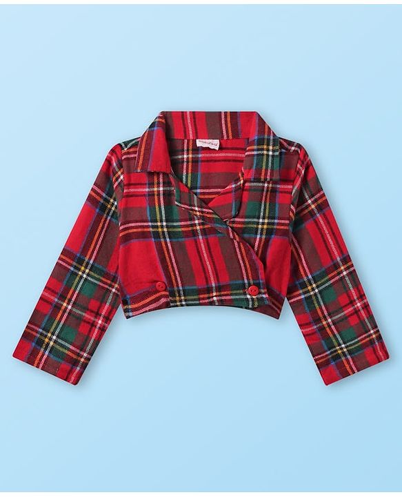 Babyhug Cotton Knit Full Sleeves Checkered Collared Top Skirt & Vest - Red