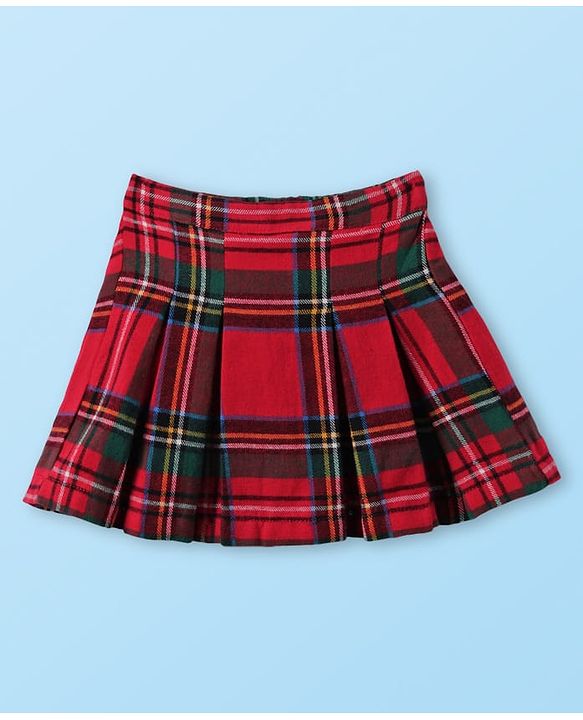 Babyhug Cotton Knit Full Sleeves Checkered Collared Top Skirt & Vest - Red