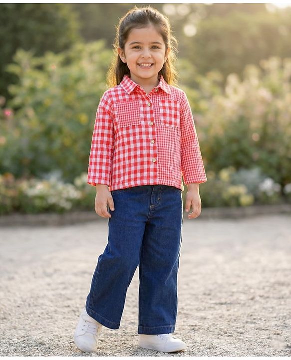 Babyhug Cotton Woven Full Sleeves Checkered Collared Shirt with Wide Legged Denim Jeans - Red & Blue
