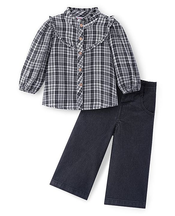 Babyhug Cotton Woven Full Sleeves Frill Detailed Collared Top With Checks & Denim Pant - Black