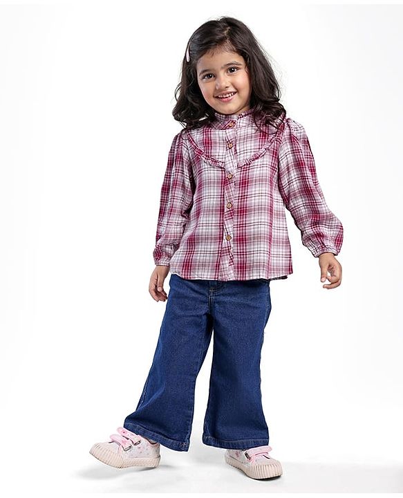 Babyhug Cotton Woven Checkered Collared Top  & Denim Pant Set - Wine & Blue