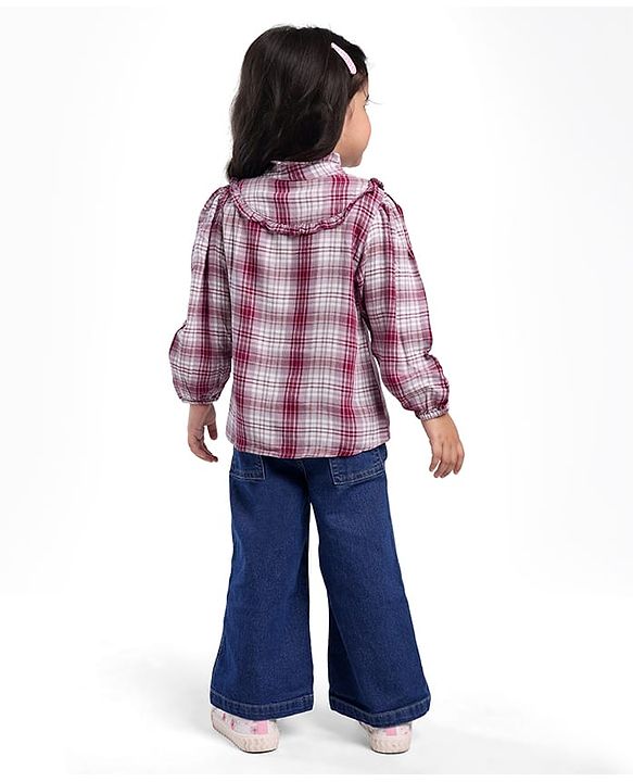 Babyhug Cotton Woven Checkered Collared Top  & Denim Pant Set - Wine & Blue