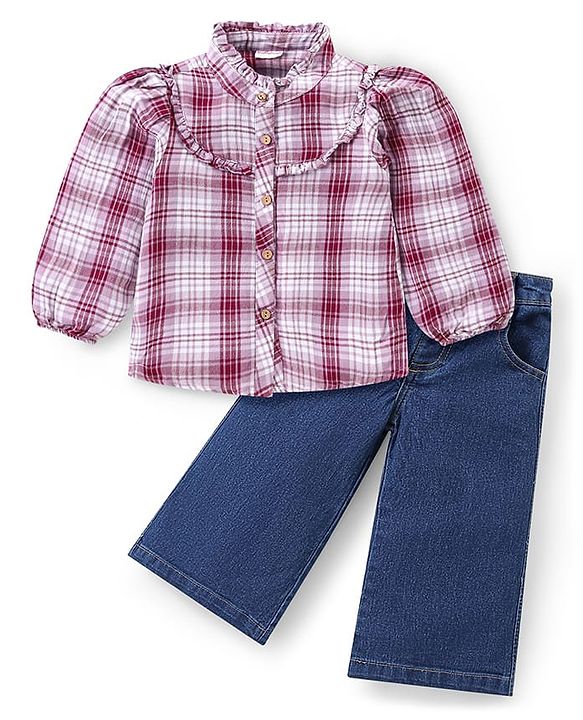 Babyhug Cotton Woven Checkered Collared Top  & Denim Pant Set - Wine & Blue