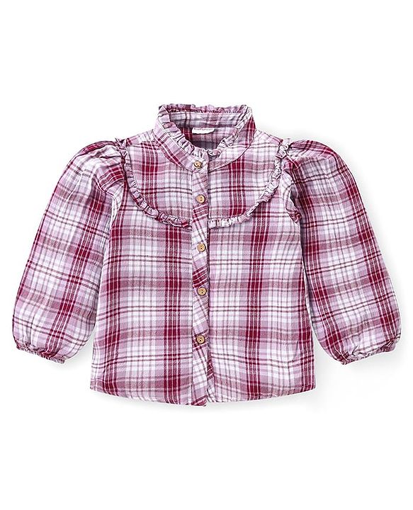 Babyhug Cotton Woven Checkered Collared Top  & Denim Pant Set - Wine & Blue