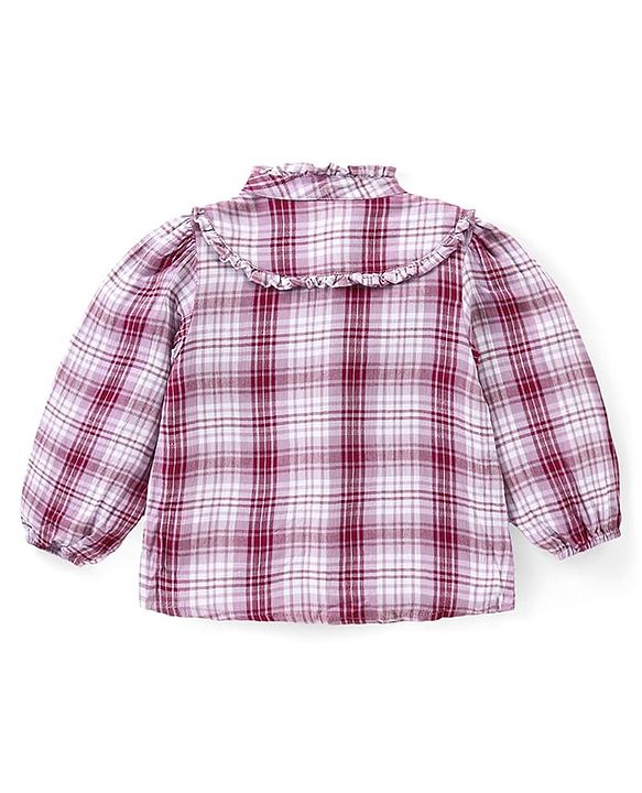 Babyhug Cotton Woven Checkered Collared Top  & Denim Pant Set - Wine & Blue