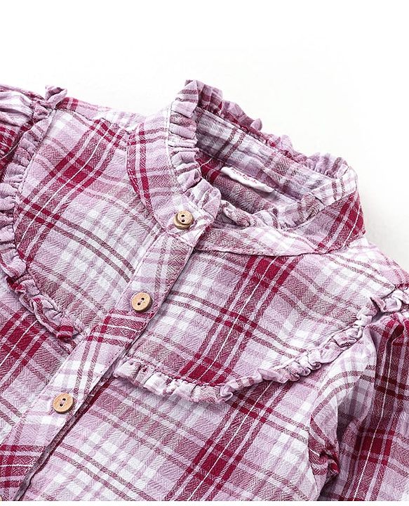 Babyhug Cotton Woven Checkered Collared Top  & Denim Pant Set - Wine & Blue