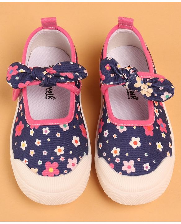 Cute Walk by Babyhug Casual Shoes with Velcro Closure Floral Print and Bow Applique - Navy