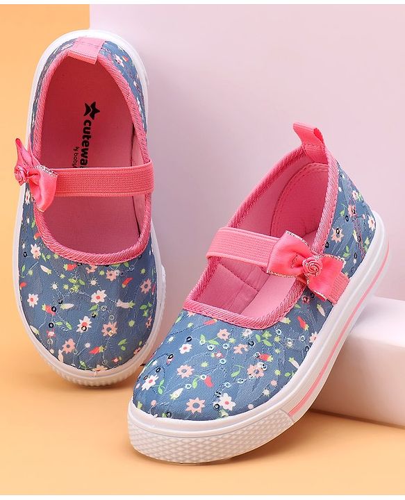 Cute Walk by Babyhug Slip On Casual Shoes With Bow Applique & Floral Print- Blue