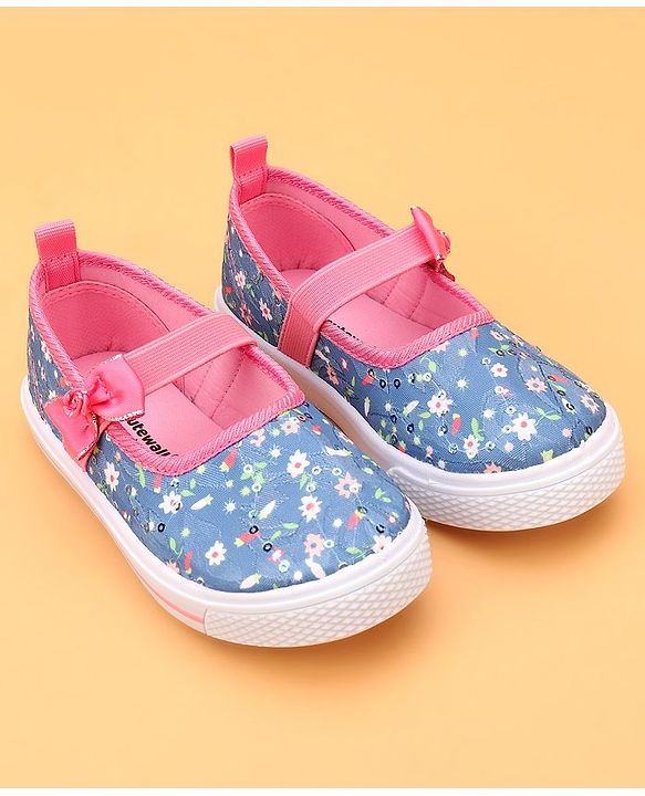 Cute Walk by Babyhug Slip On Casual Shoes With Bow Applique & Floral Print- Blue