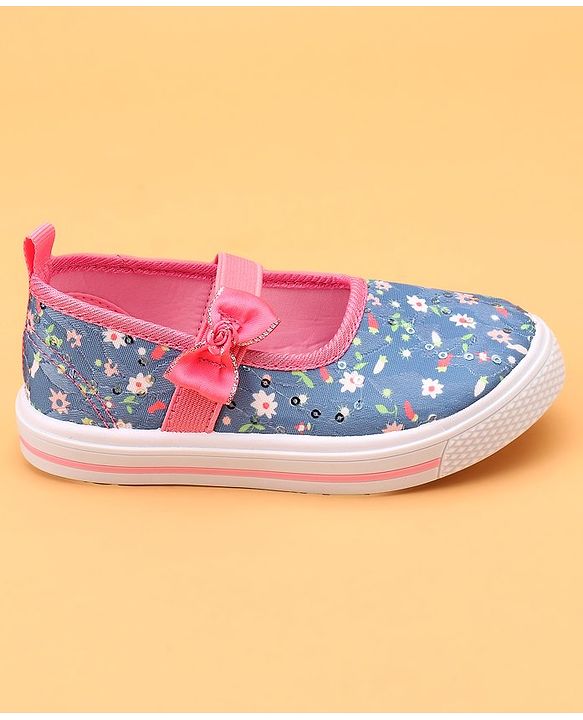 Cute Walk by Babyhug Slip On Casual Shoes With Bow Applique & Floral Print- Blue