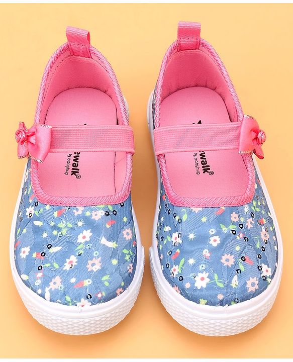 Cute Walk by Babyhug Slip On Casual Shoes With Bow Applique & Floral Print- Blue