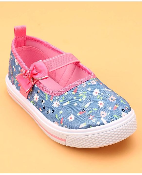 Cute Walk by Babyhug Slip On Casual Shoes With Bow Applique & Floral Print- Blue