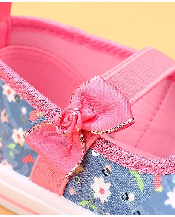 Cute Walk by Babyhug Slip On Casual Shoes With Bow Applique & Floral Print- Blue
