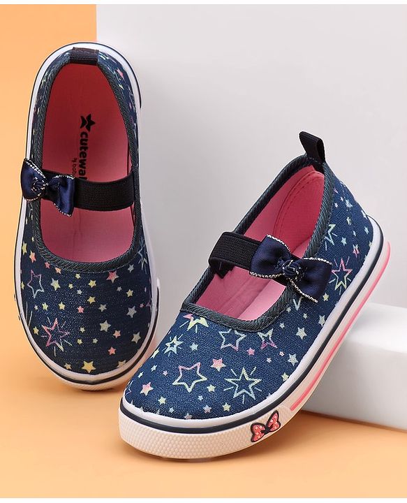 Cute Walk by Babyhug Slip On Casual Shoes With Bow Applique & Floral Print- Blue (Sole Line May Very)