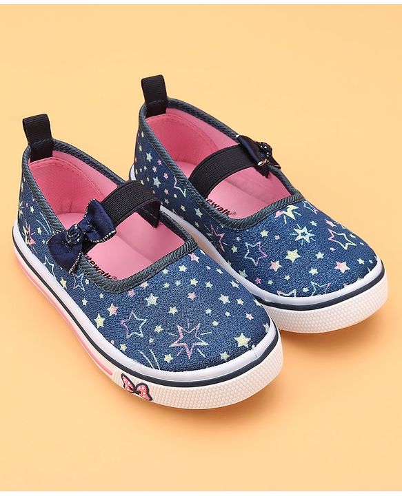 Cute Walk by Babyhug Slip On Casual Shoes With Bow Applique & Floral Print- Blue (Sole Line May Very)