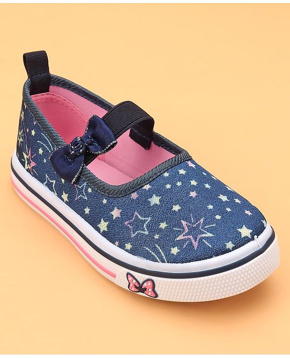 Cute Walk by Babyhug Slip On Casual Shoes With Bow Applique & Floral Print- Blue (Sole Line May Very)