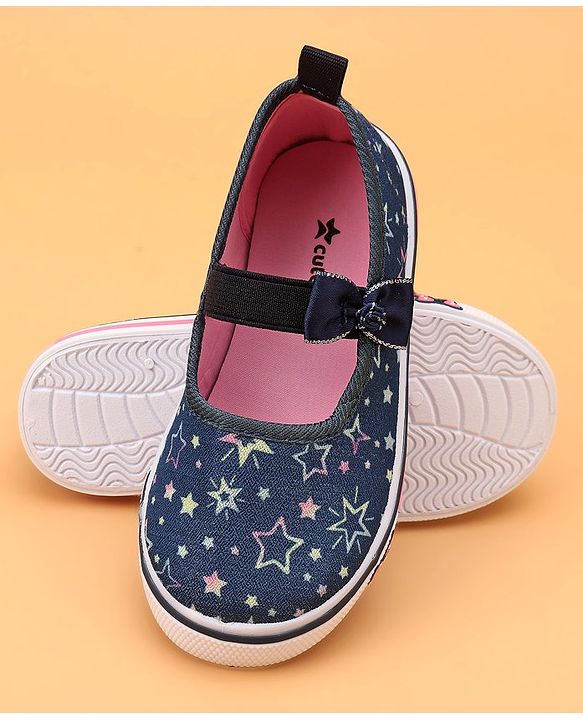 Cute Walk by Babyhug Slip On Casual Shoes With Bow Applique & Floral Print- Blue (Sole Line May Very)