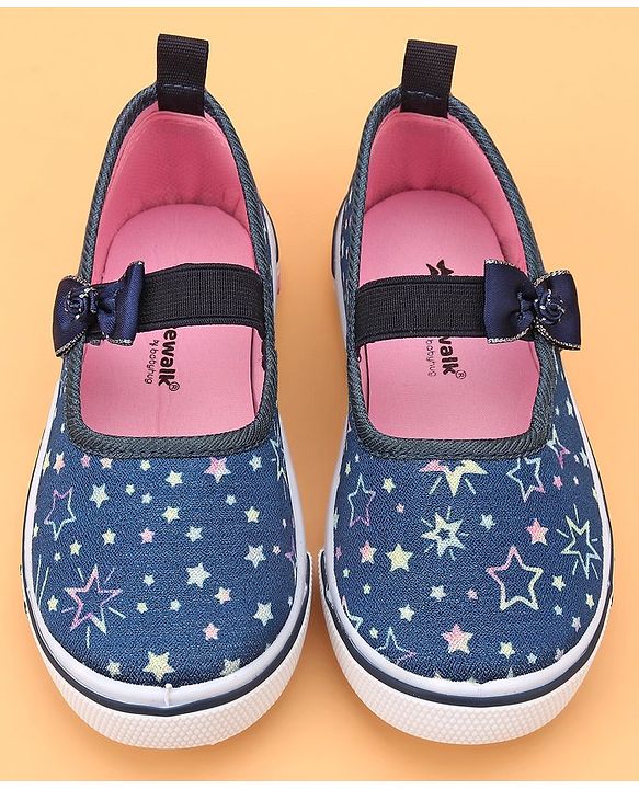 Cute Walk by Babyhug Slip On Casual Shoes With Bow Applique & Floral Print- Blue (Sole Line May Very)