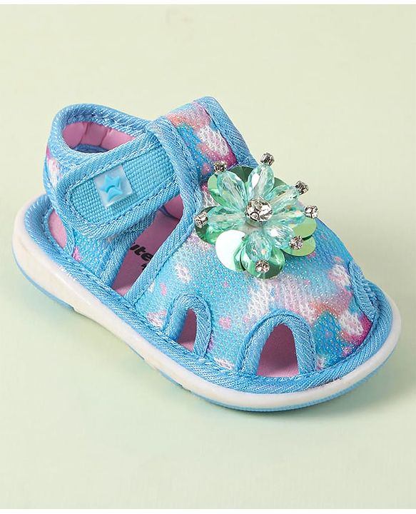 Cute Walk by Babyhug Velcro Closure Musical Sandal with Stone Floral Applique - Blue