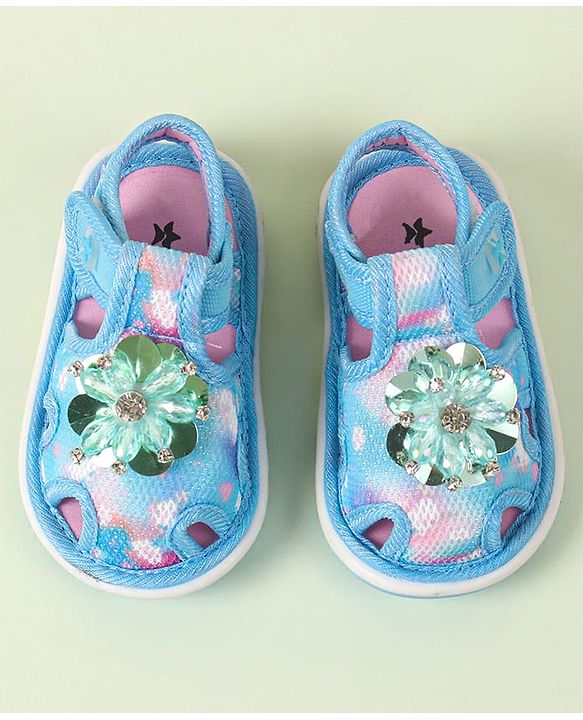 Cute Walk by Babyhug Velcro Closure Musical Sandal with Stone Floral Applique - Blue