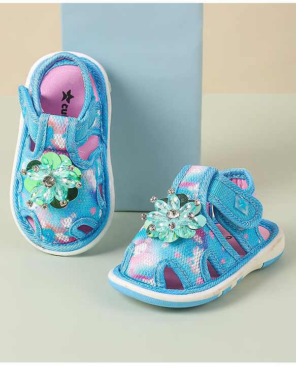 Cute Walk by Babyhug Velcro Closure Musical Sandal with Stone Floral Applique - Blue
