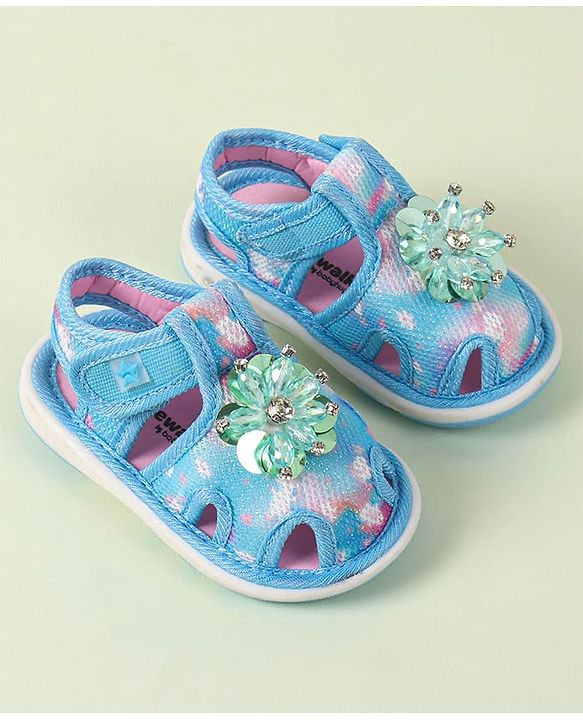 Cute Walk by Babyhug Velcro Closure Musical Sandal with Stone Floral Applique - Blue