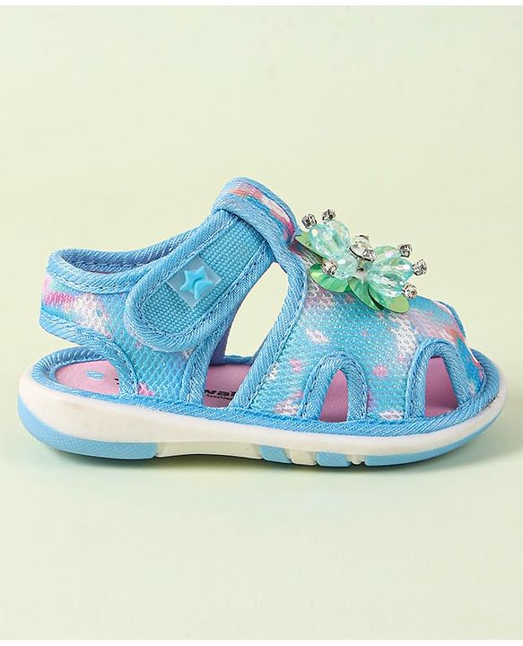Cute Walk by Babyhug Velcro Closure Musical Sandal with Stone Floral Applique - Blue