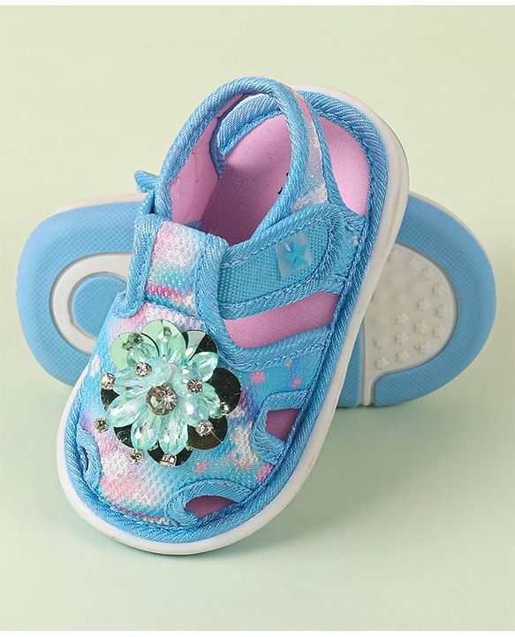 Cute Walk by Babyhug Velcro Closure Musical Sandal with Stone Floral Applique - Blue
