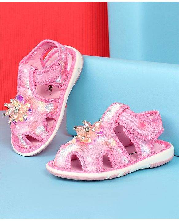 Cute Walk by Babyhug Velcro Closure Musical Sandal with Stone Floral Applique - Blue