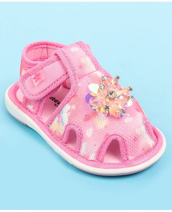 Cute Walk by Babyhug Velcro Closure Musical Sandal with Stone Floral Applique - Blue