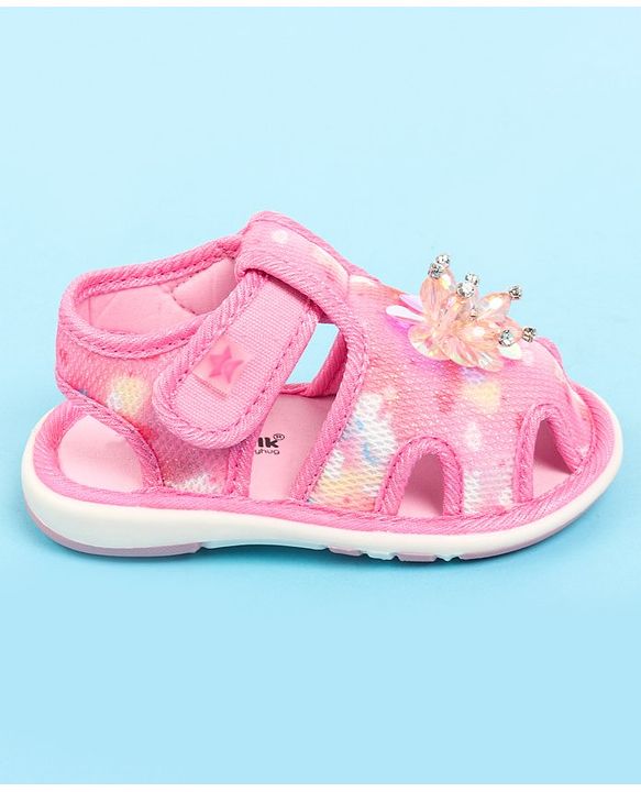 Cute Walk by Babyhug Velcro Closure Musical Sandal with Stone Floral Applique - Blue