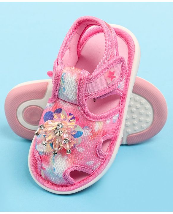 Cute Walk by Babyhug Velcro Closure Musical Sandal with Stone Floral Applique - Blue
