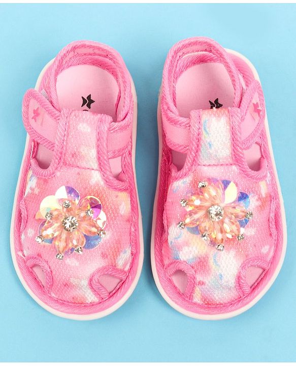 Cute Walk by Babyhug Velcro Closure Musical Sandal with Stone Floral Applique - Blue