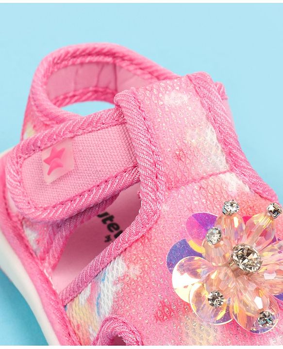 Cute Walk by Babyhug Velcro Closure Musical Sandal with Stone Floral Applique - Blue
