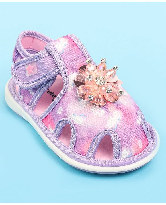 Cute Walk by Babyhug Velcro Closure Musical Sandal with Stone Floral Applique - Pink