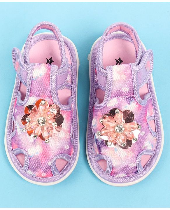 Cute Walk by Babyhug Velcro Closure Musical Sandal with Stone Floral Applique - Pink