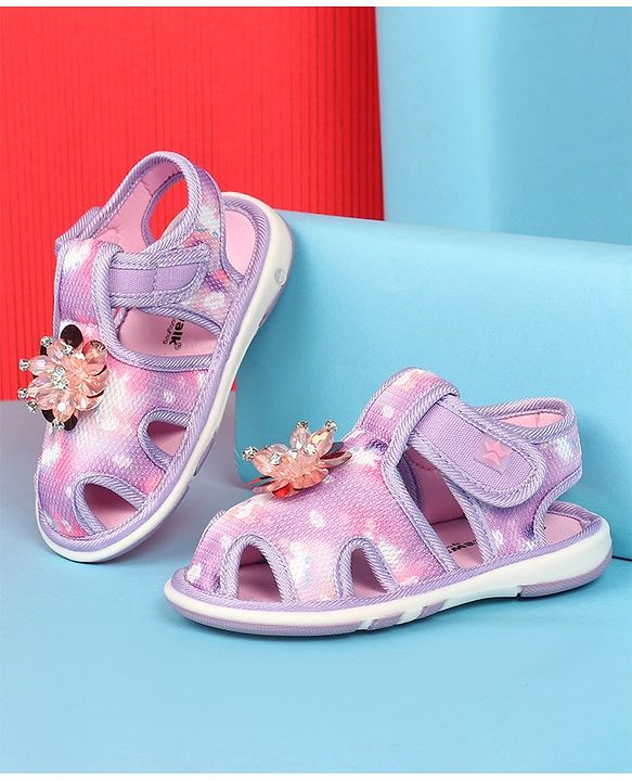 Cute Walk by Babyhug Velcro Closure Musical Sandal with Stone Floral Applique - Blue