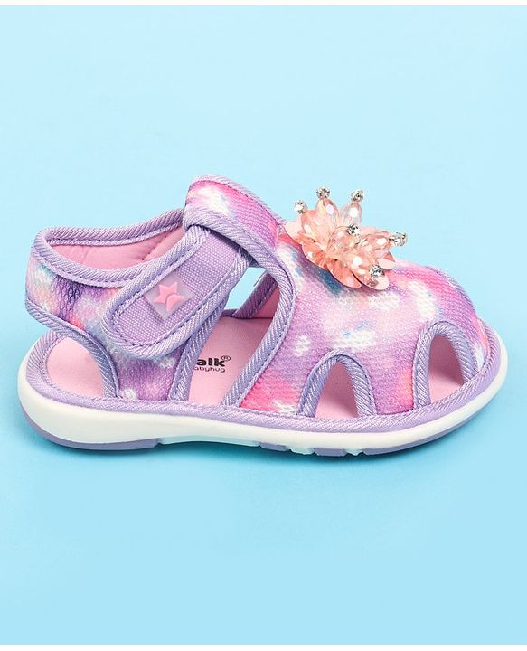 Cute Walk by Babyhug Velcro Closure Musical Sandal with Stone Floral Applique - Blue