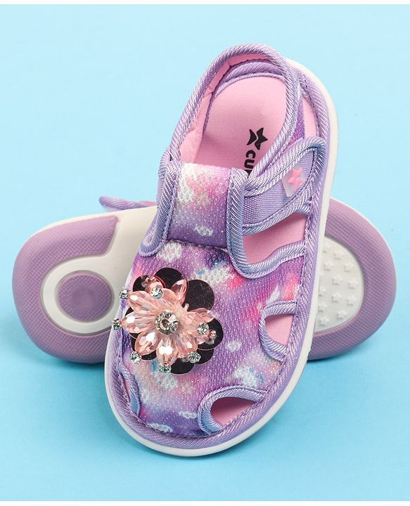Cute Walk by Babyhug Velcro Closure Musical Sandal with Stone Floral Applique - Blue