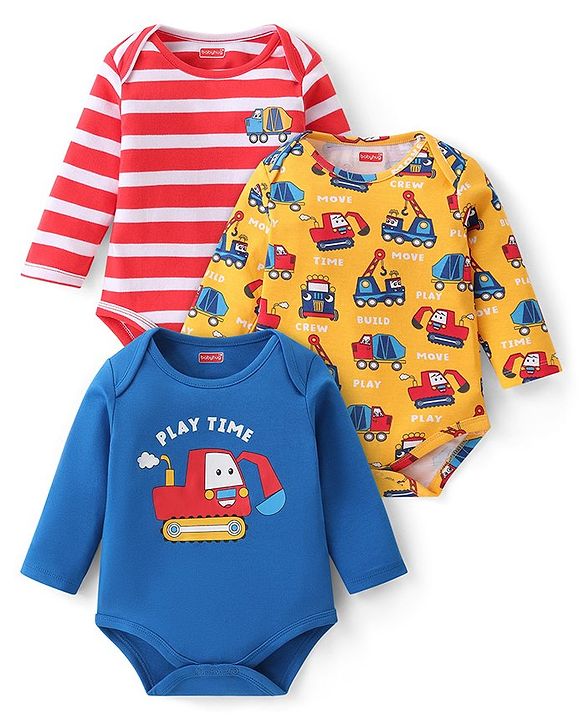 Babyhug 100% Cotton Full Sleeves Onesies Vehicle Print Pack of 3 -Blue Red & Yellow