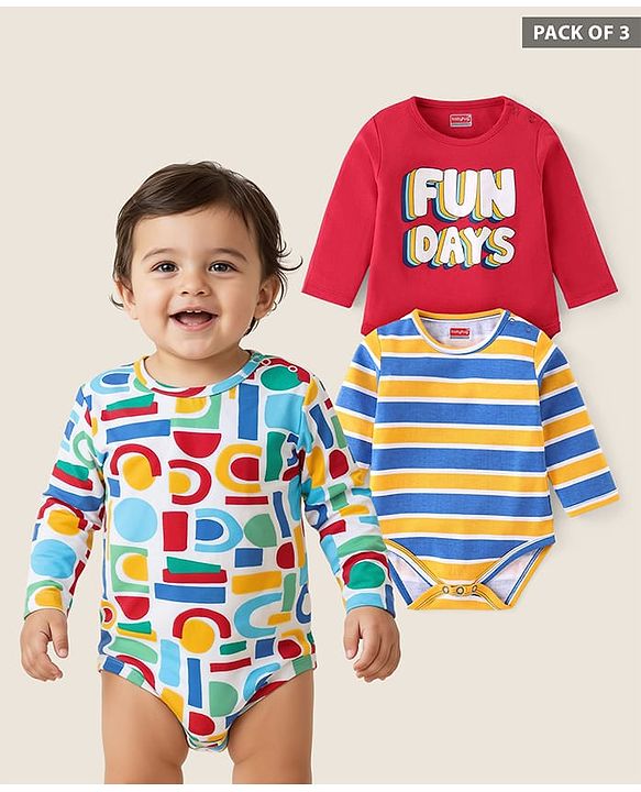 Babyhug 100% Cotton Knit Full Sleeves Striped & Text Printed Onesies Pack of 3 - Red & White