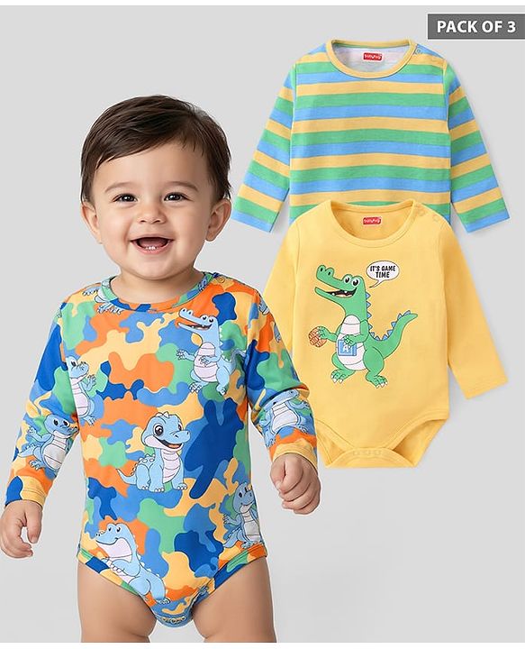 Babyhug 100% Cotton Full Sleeves Onesies Crocodile Print Pack of 3 -Blue Yellow & Green