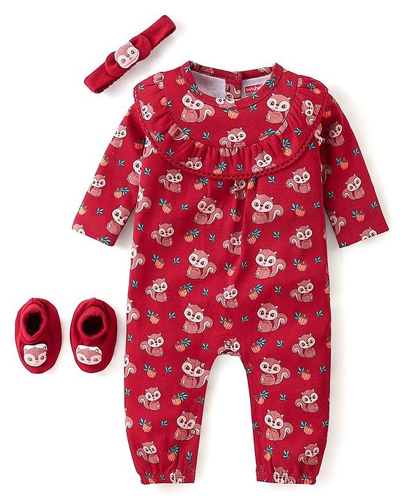 Babyhug 100% Cotton Knit Full Sleeves Chipmunk Printed Romper with Headband & Booties - Dark Pink