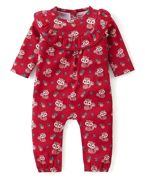 Babyhug 100% Cotton Knit Full Sleeves Chipmunk Printed Romper with Headband & Booties - Dark Pink