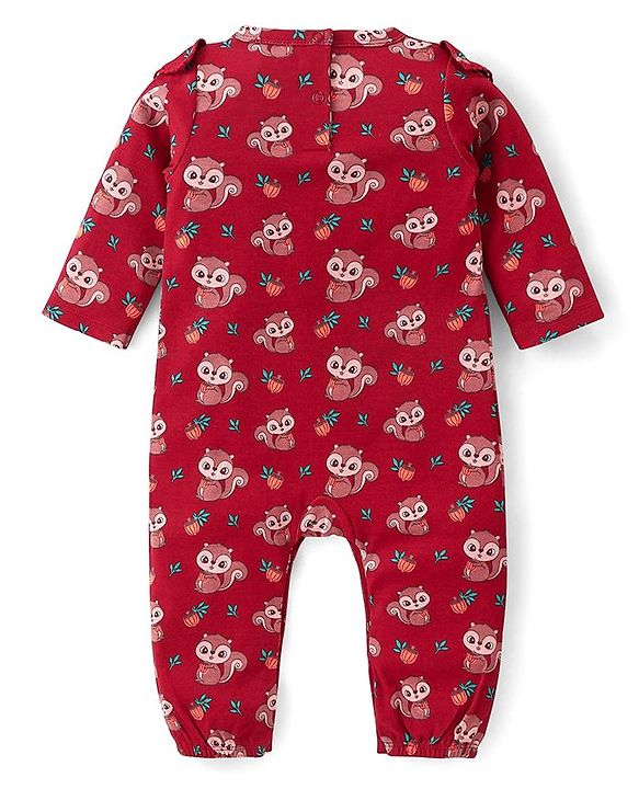 Babyhug 100% Cotton Knit Full Sleeves Chipmunk Printed Romper with Headband & Booties - Dark Pink