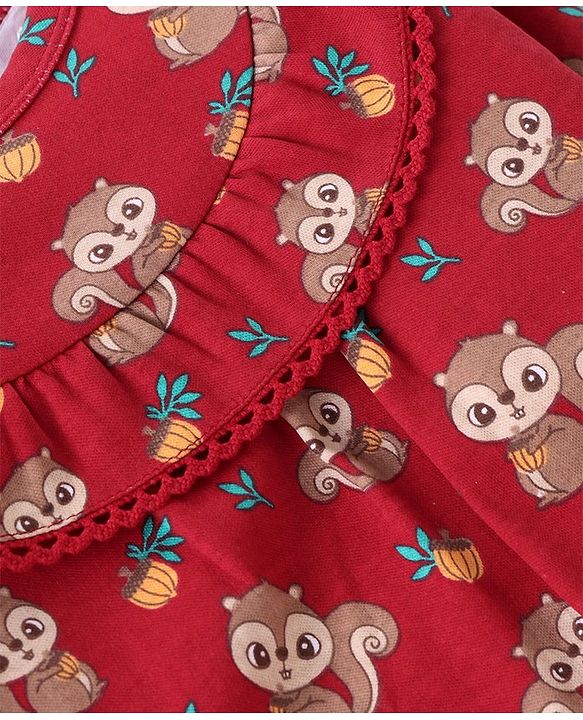 Babyhug 100% Cotton Knit Full Sleeves Chipmunk Printed Romper with Headband & Booties - Dark Pink