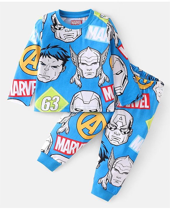 Babyhug Disney Single Jersey Knit Full Sleeves Night Suit With Avengers Graphics - Blue