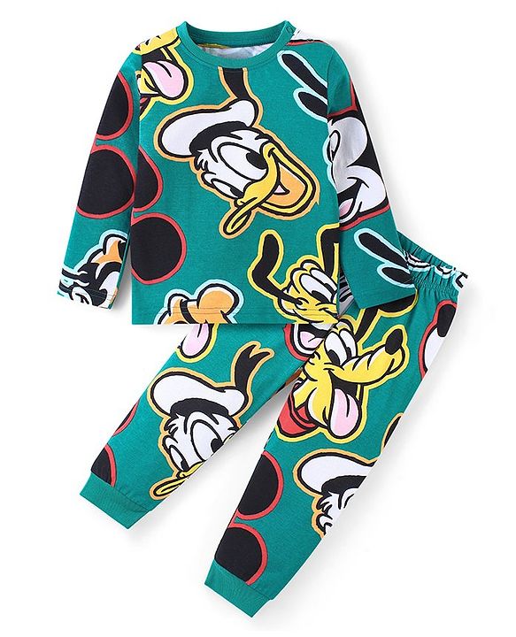 Babyhug Disney Cotton Knit Full Sleeves Night Suit With Mickey Mouse & Friends Print - Dark Green